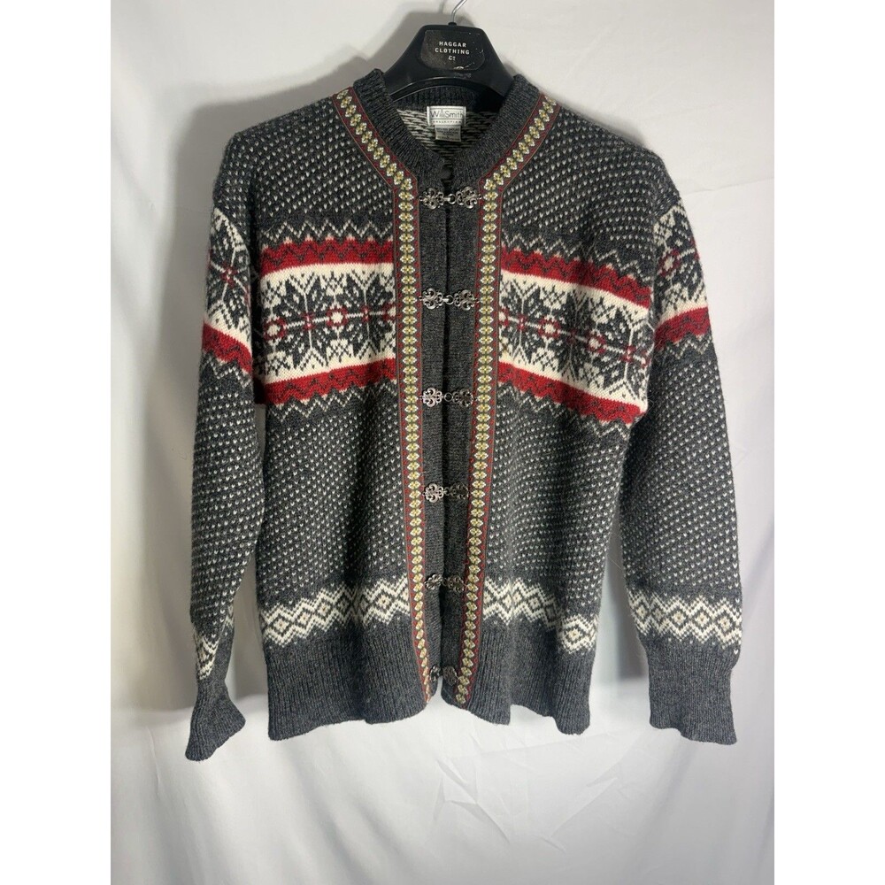 VTG Women Willi Smith Black Fair Isle Shetland Wool Cardigan Sweater Size Large